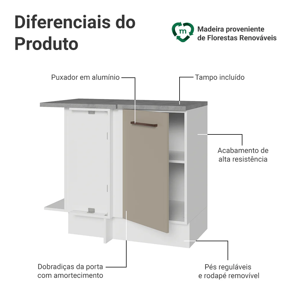 Balcão de Canto 1 Porta Branco/Crema Agata Madesa - Image 3