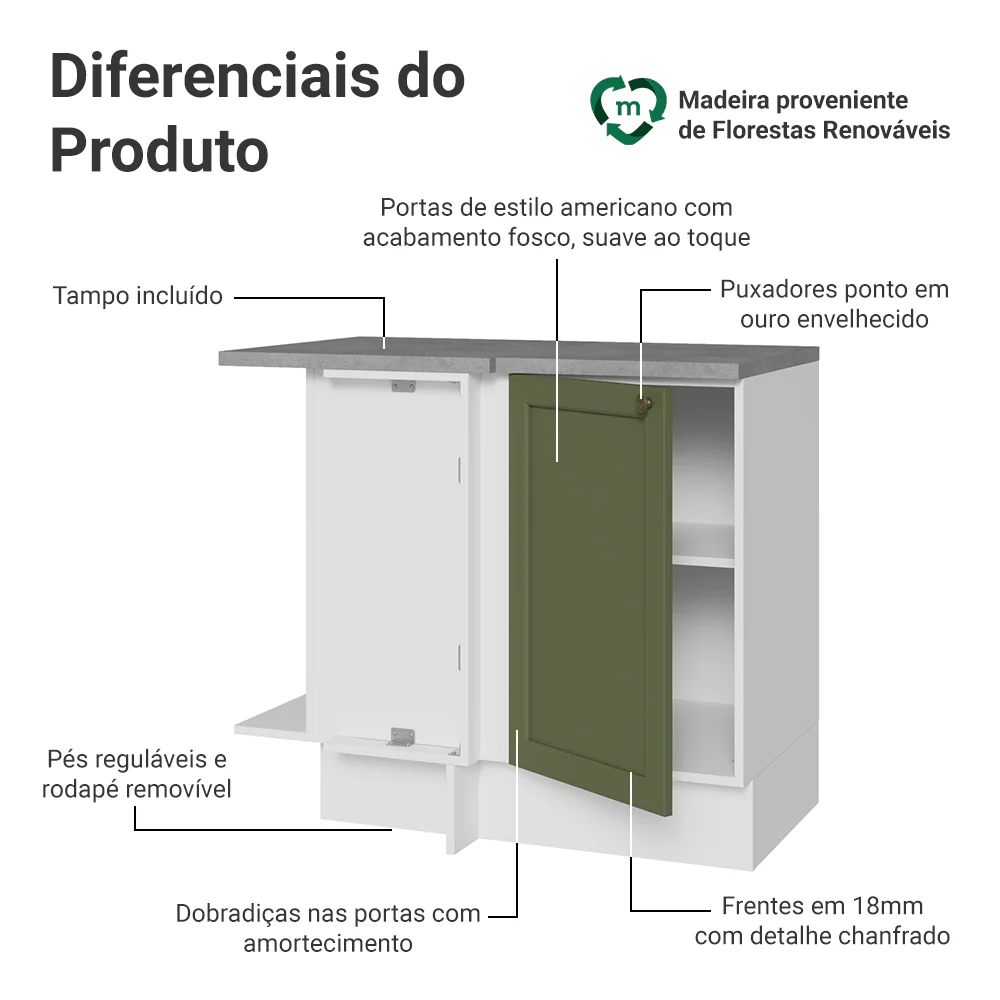 Balcão de Canto 1 Porta Branco/Verde Vik Madesa - Image 3
