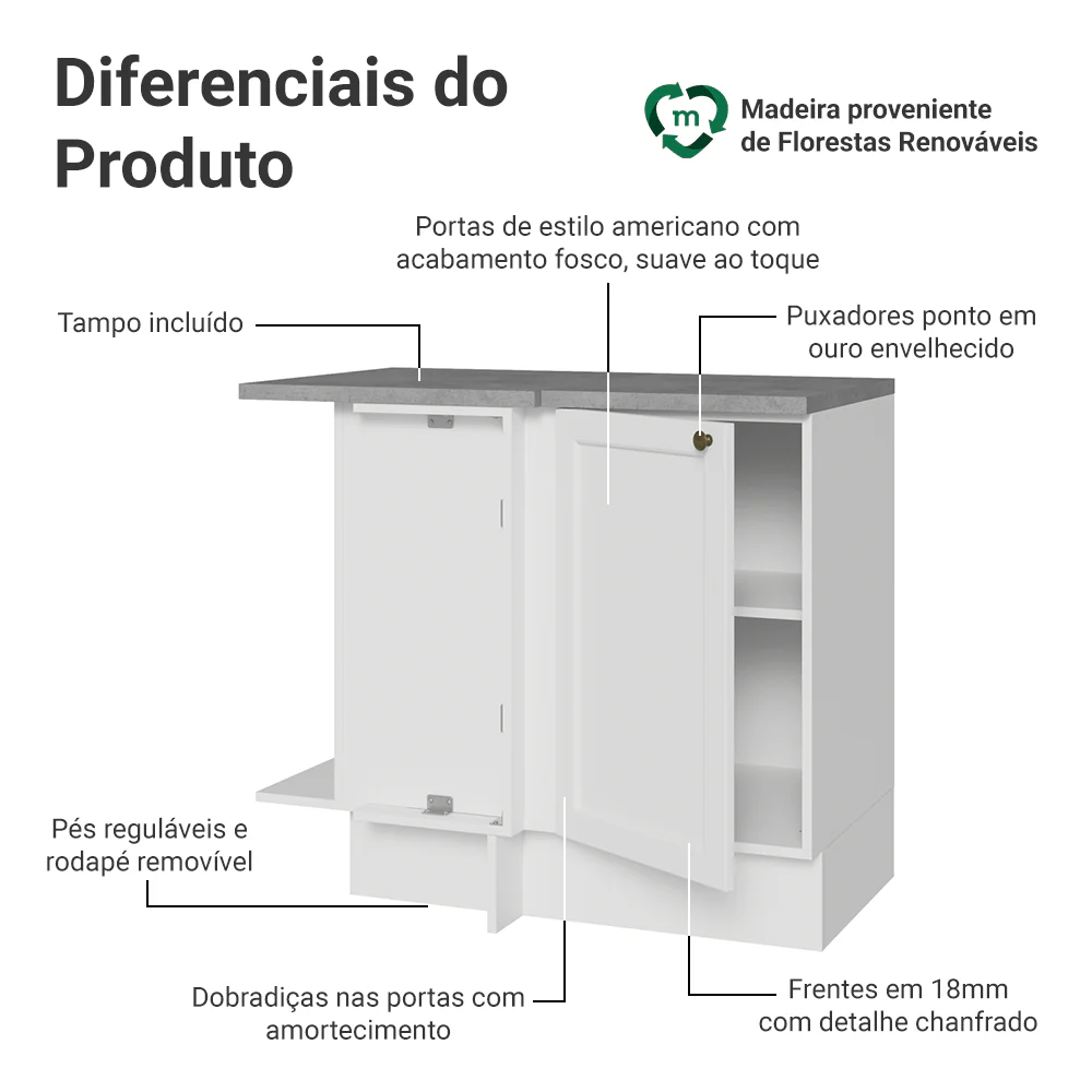 Balcão de Canto 1 Porta Branco Vik Madesa - Image 3