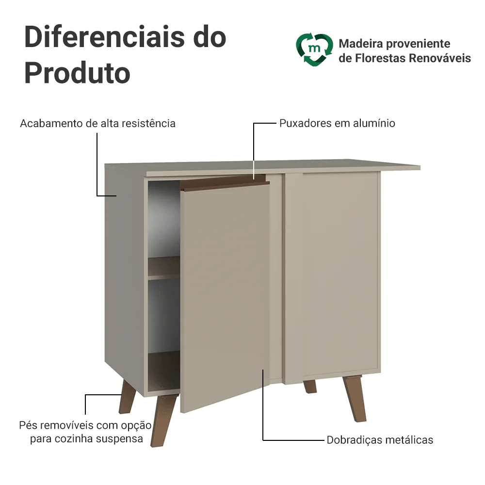 Balcão de Canto 1 Porta Com Pés Crema Nice Madesa - Image 3