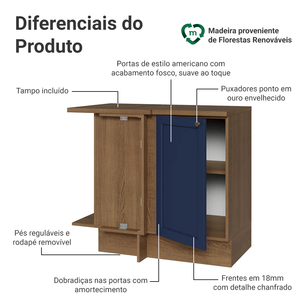 Balcão de Canto 1 Porta Rustic/Azul Vik Madesa - Image 3