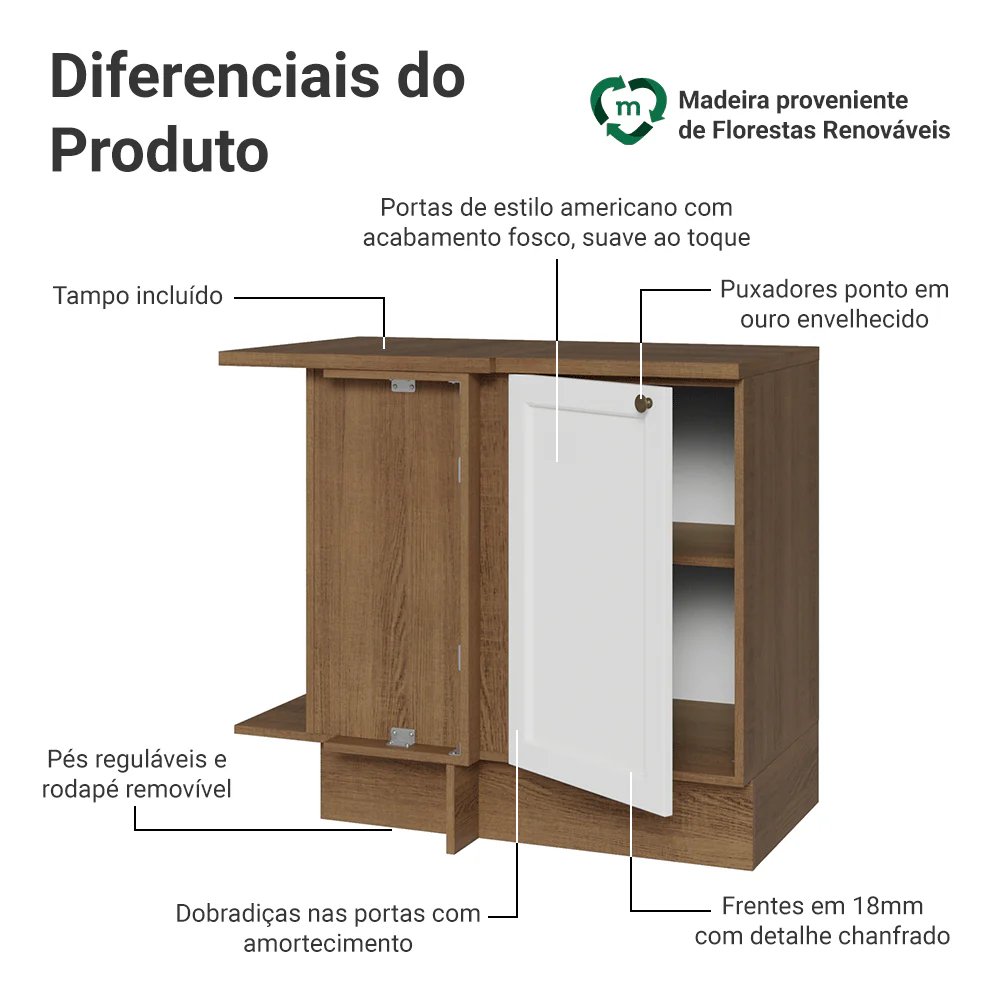 Balcão de Canto 1 Porta Rustic/Branco Vik Madesa - Image 3