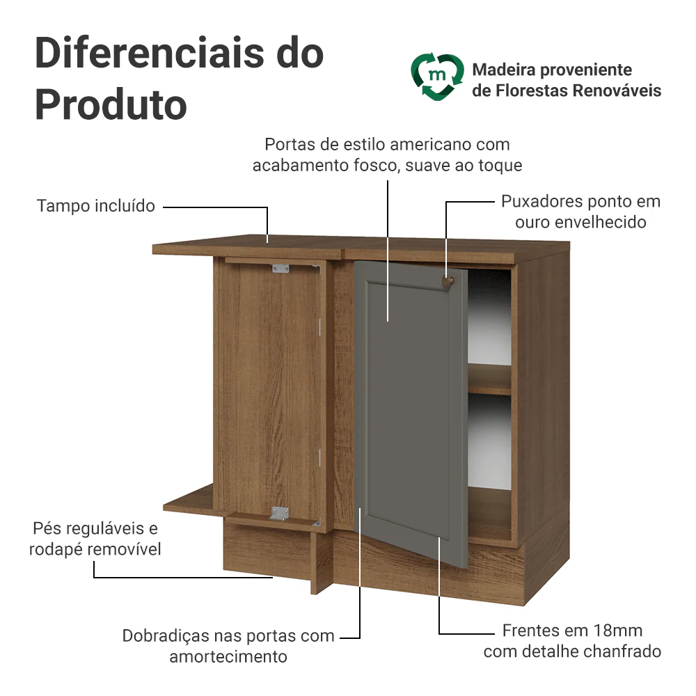 Balcão de Canto 1 Porta Rustic/Cinza Vik Madesa - Image 3