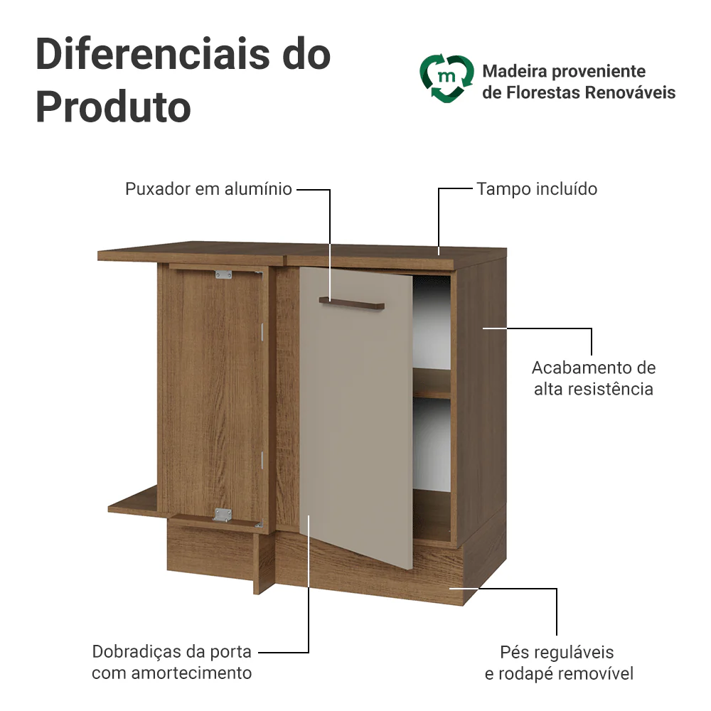 Balcão de Canto 1 Porta Rustic/Crema Agata Madesa - Image 3
