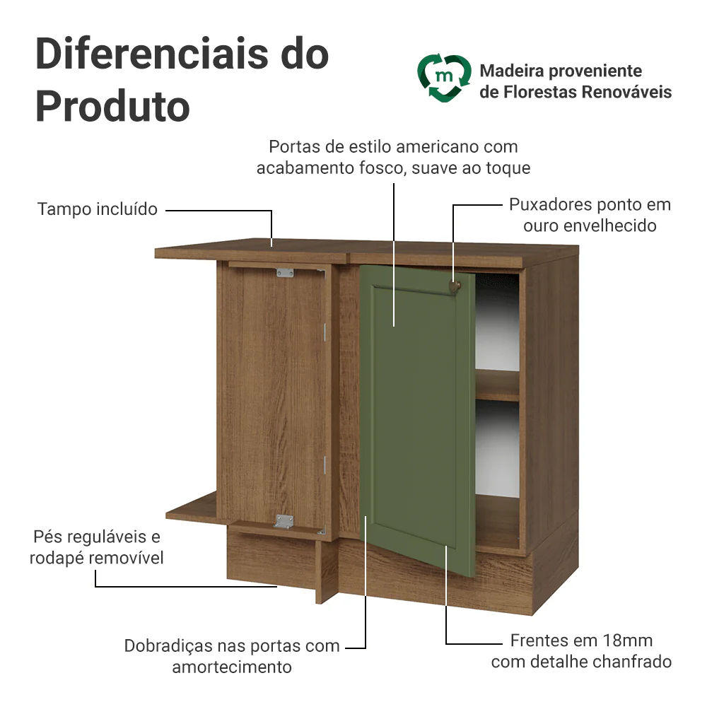Balcão de Canto 1 Porta Rustic/Verde Vik Madesa - Image 3