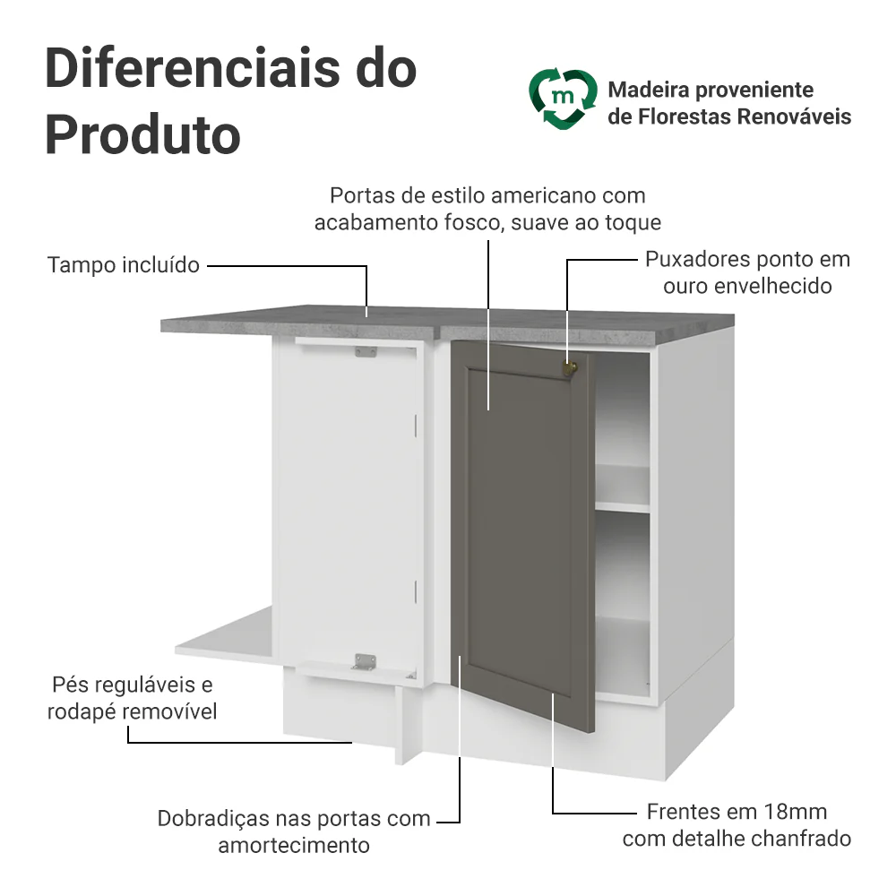 Balcão de Canto para Linha de 60 cm Profundidade (Com Tampo) Branco/Cinza Vik Madesa - Image 3