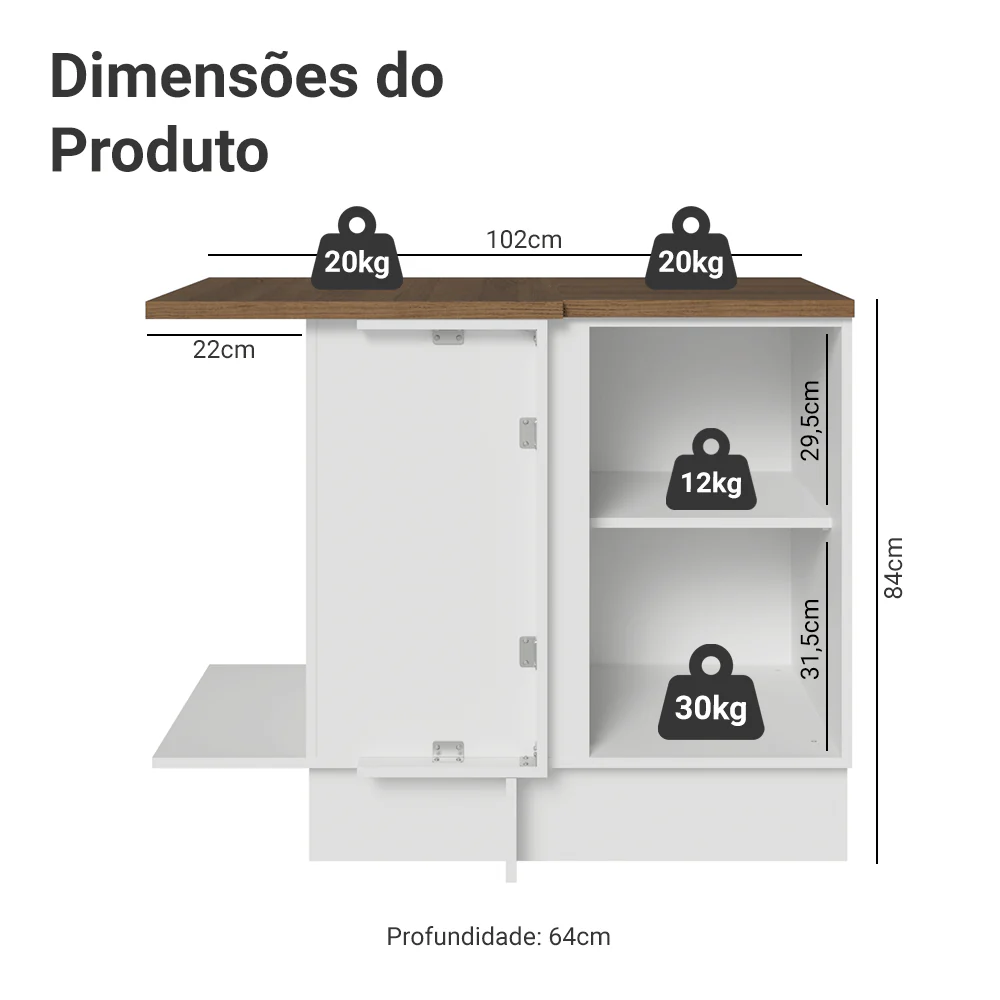 Balcão de Canto para Linha de 60 cm Profundidade (Com Tampo) Branco/Rustic Vik Madesa - Image 2