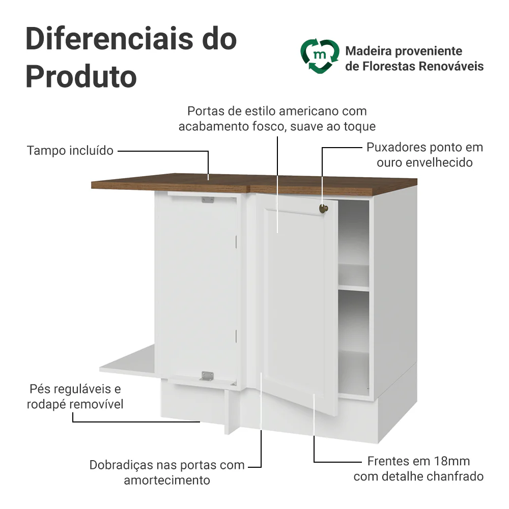Balcão de Canto para Linha de 60 cm Profundidade (Com Tampo) Branco/Rustic Vik Madesa - Image 3