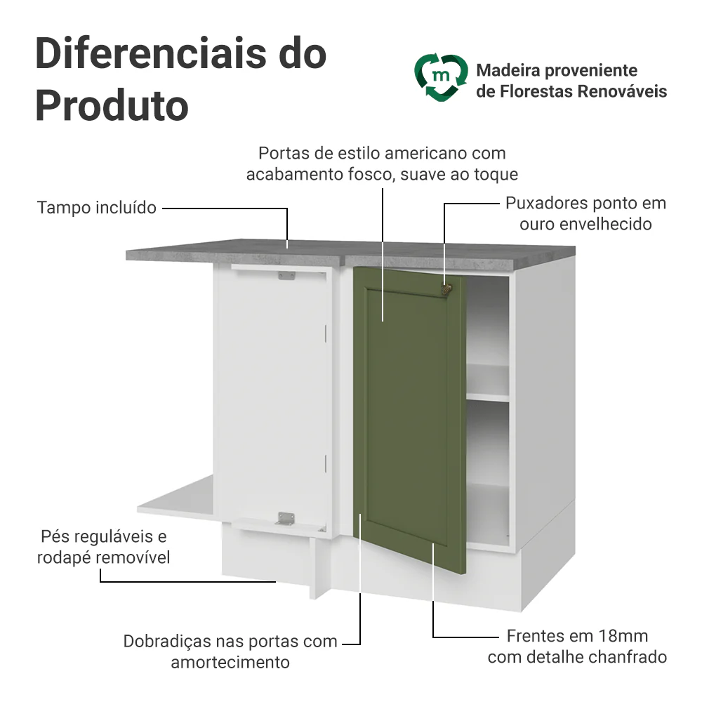 Balcão de Canto para Linha de 60 cm Profundidade (Com Tampo) Branco/Verde Vik Madesa - Image 3