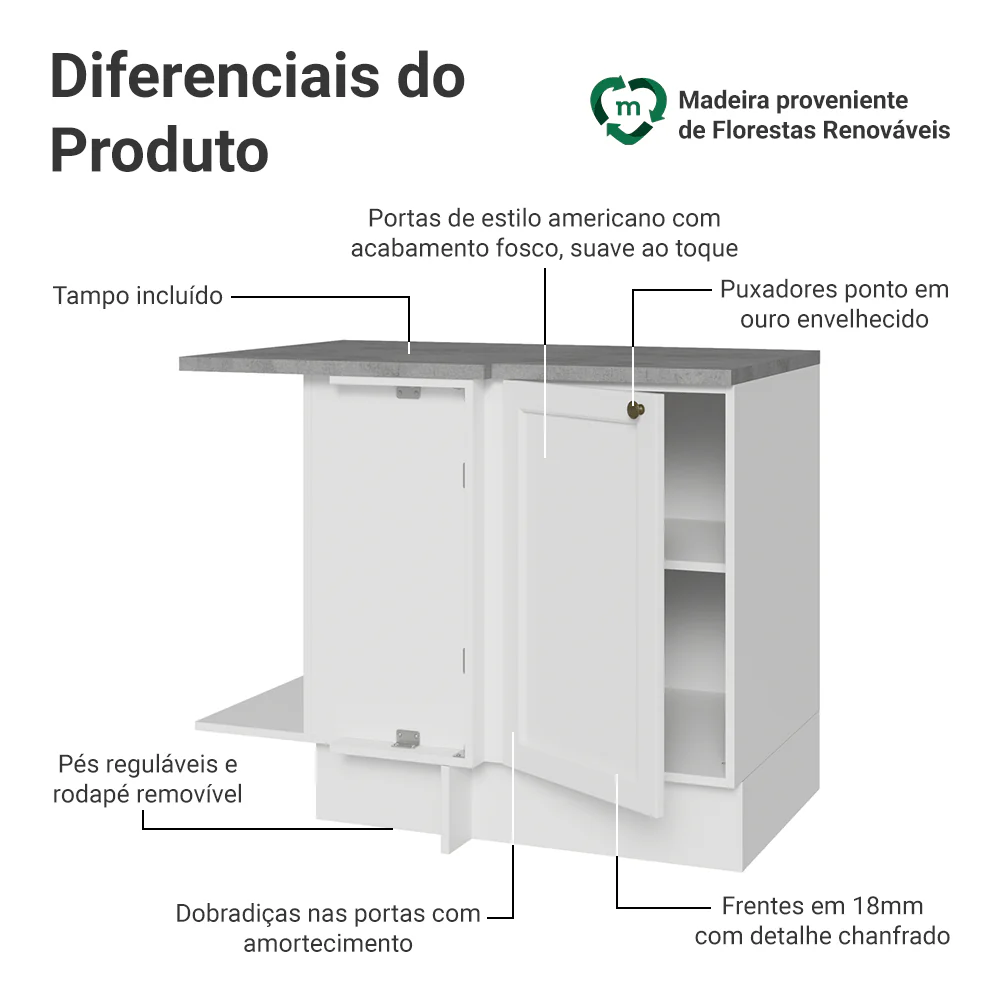 Balcão de Canto para Linha de 60 cm Profundidade (Com Tampo) Branco Vik Madesa - Image 3