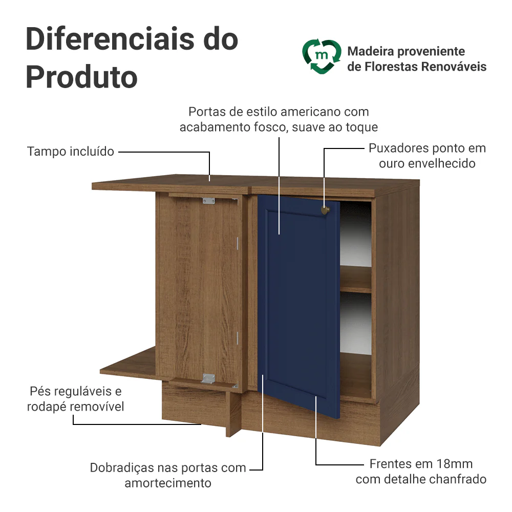 Balcão de Canto para Linha de 60 cm Profundidade (Com Tampo) Rustic/Azul Vik Madesa - Image 3