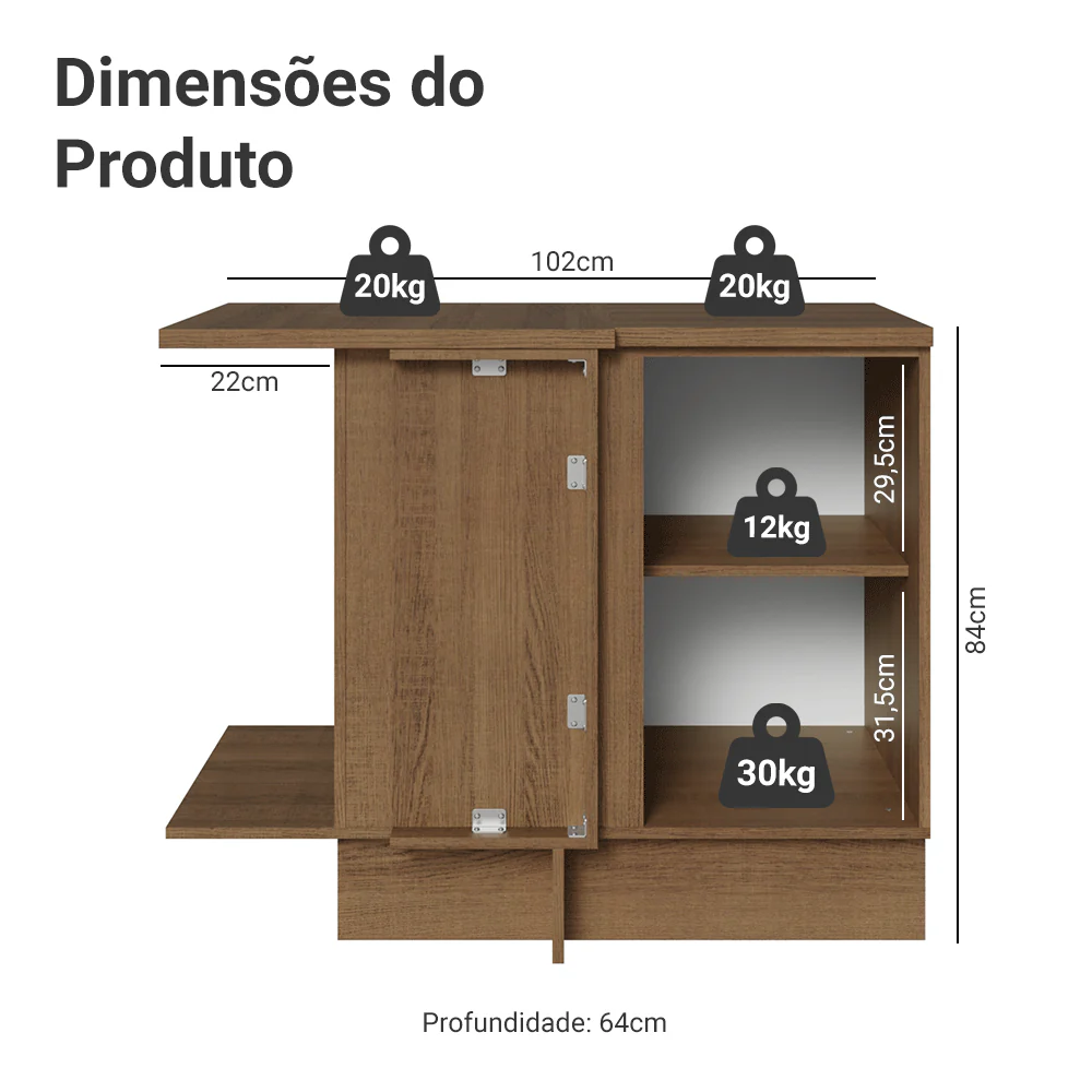 Balcão de Canto para Linha de 60 cm Profundidade (Com Tampo) Rustic/Branco Vik Madesa - Image 2