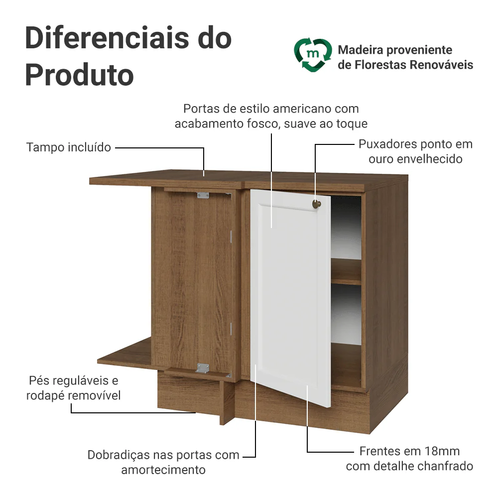 Balcão de Canto para Linha de 60 cm Profundidade (Com Tampo) Rustic/Branco Vik Madesa - Image 3