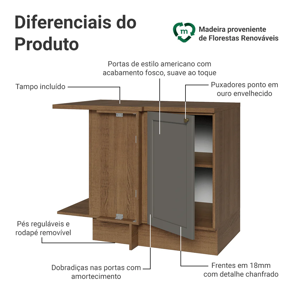 Balcão de Canto para Linha de 60 cm Profundidade (Com Tampo) Rustic/Cinza Vik Madesa - Image 3
