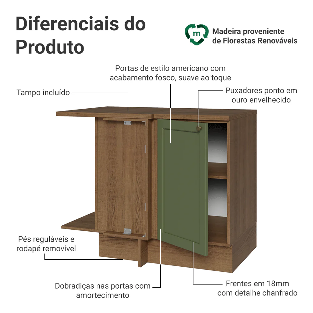 Balcão de Canto para Linha de 60 cm Profundidade (Com Tampo) Rustic/Verde Vik Madesa - Image 3