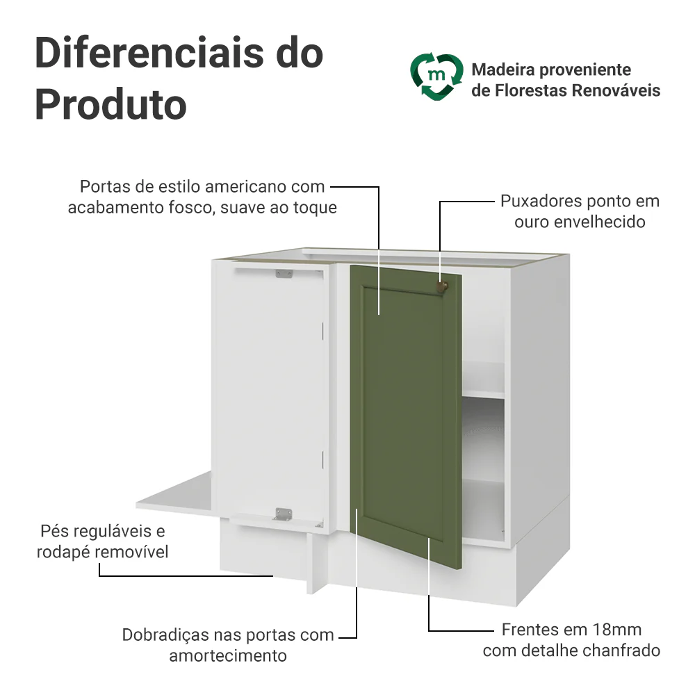 Balcão de Canto para Linha de 60 cm Profundidade (Sem Tampo) Branco/Verde Vik Madesa - Image 3