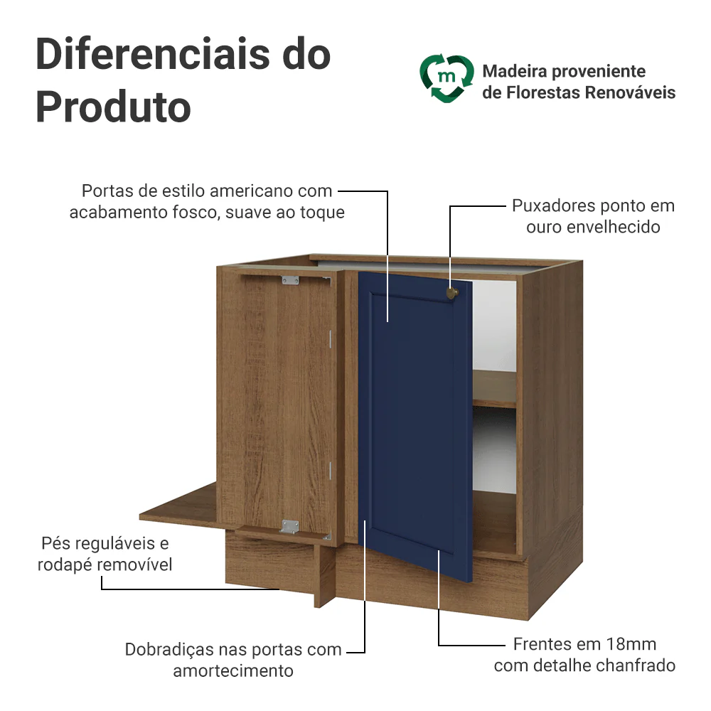 Balcão de Canto para Linha de 60 cm Profundidade (Sem Tampo) Rustic/Azul Vik Madesa - Image 3