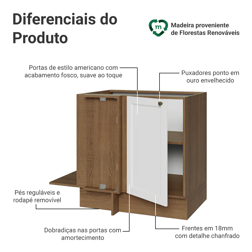 Balcão de Canto para Linha de 60 cm Profundidade (Sem Tampo) Rustic/Branco Vik Madesa - Image 3