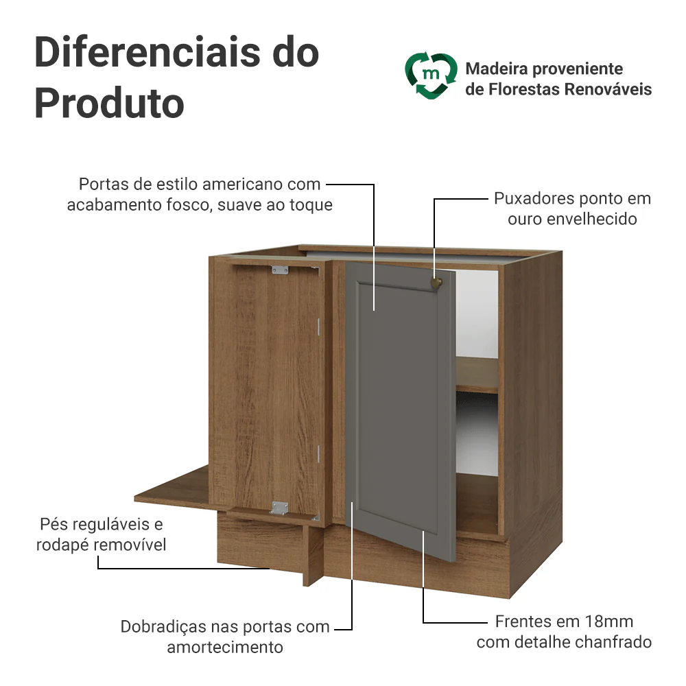 Balcão de Canto para Linha de 60 cm Profundidade (Sem Tampo) Rustic/Cinza Vik Madesa - Image 3