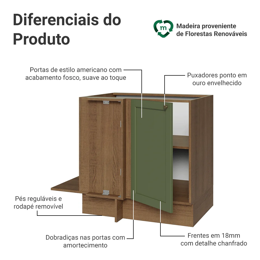 Balcão de Canto para Linha de 60 cm Profundidade (Sem Tampo) Rustic/verde Vik Madesa - Image 3