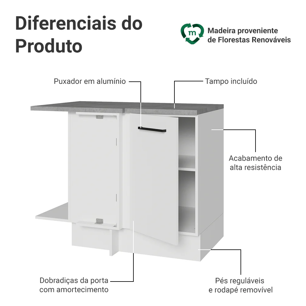 Balcão de Canto Madesa Agata 1 Porta 60 cm Profundidade (Com Tampo) Branco - Image 3