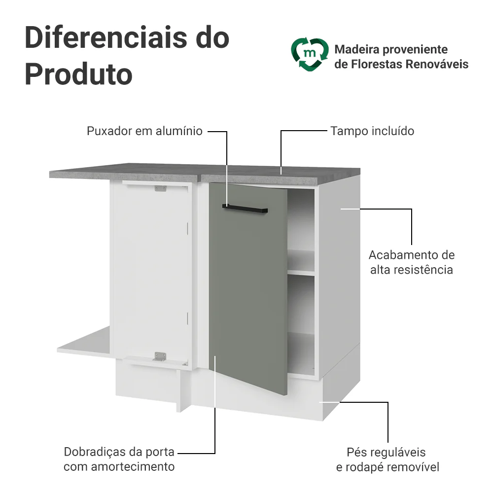 Balcão de Canto Madesa Agata 1 Porta 60 cm Profundidade (Com Tampo) Branco/Cinza - Image 3