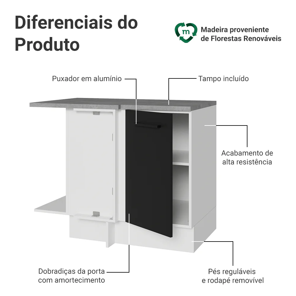 Balcão de Canto Madesa Agata 1 Porta 60 cm Profundidade (Com Tampo) Branco/Preto - Image 3