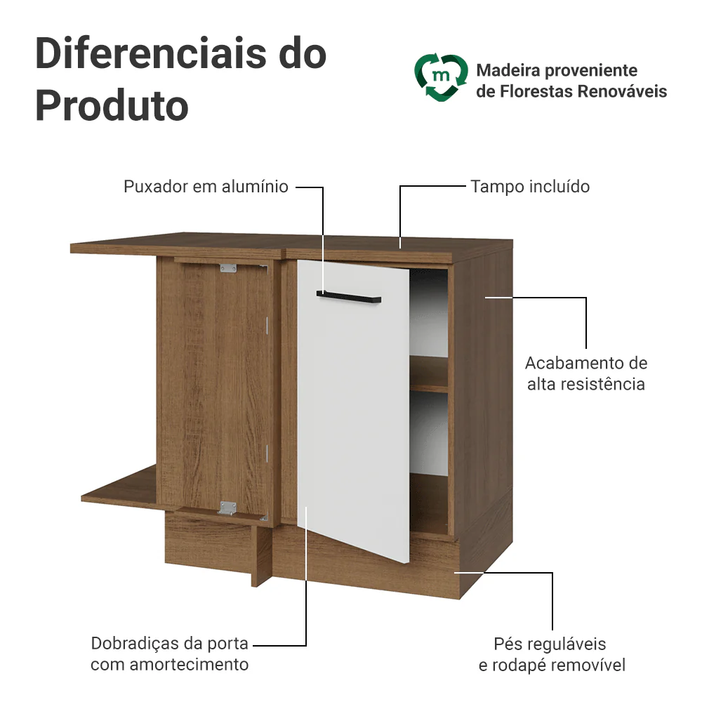 Balcão de Canto Madesa Agata 1 Porta 60 cm Profundidade (Com Tampo)  Rustic/Branco - Image 3