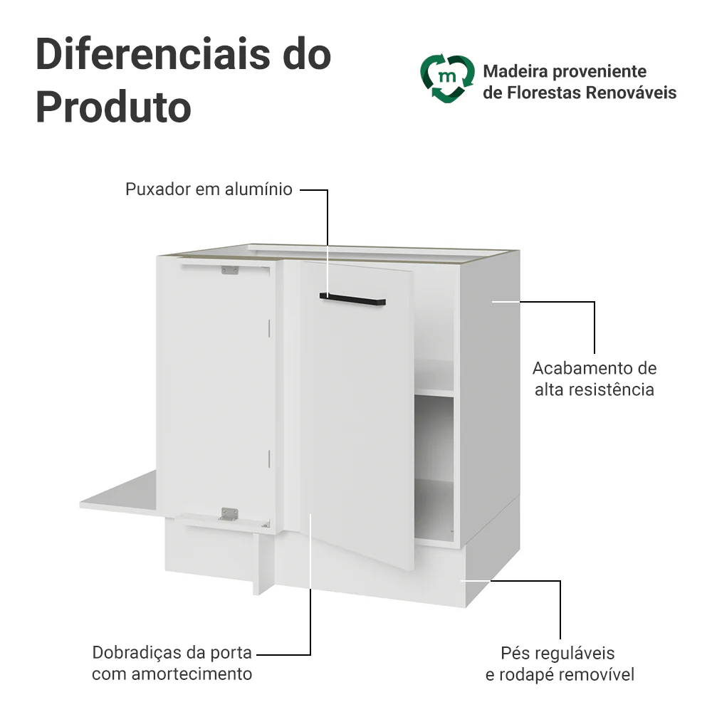Balcão de Canto Madesa Agata 1 Porta 60 cm Profundidade (Sem Tampo) Branco - Image 3