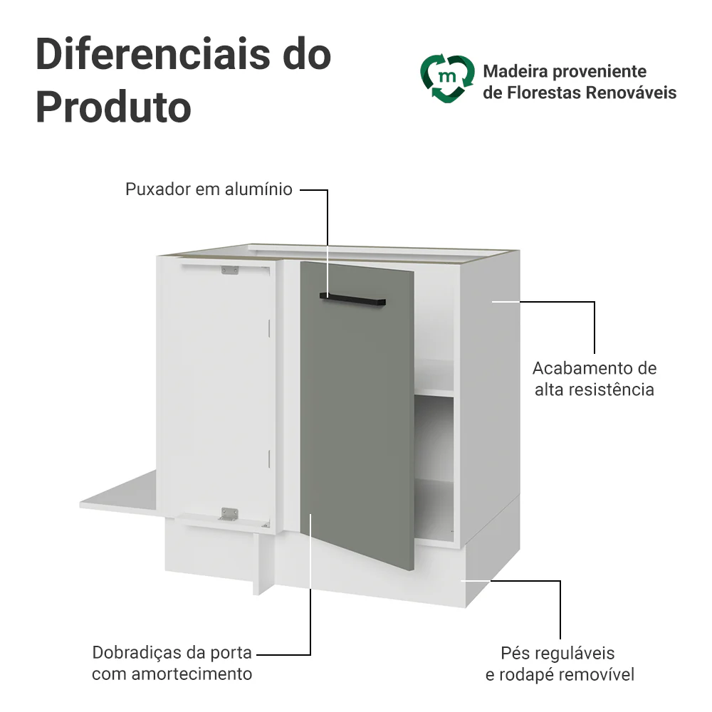 Balcão de Canto Madesa Agata 1 Porta 60 cm Profundidade (Sem Tampo) Branco/Cinza - Image 3