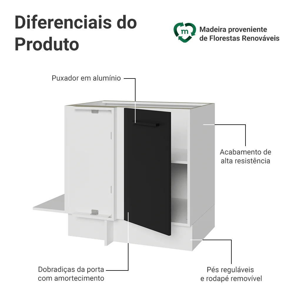 Balcão de Canto Madesa Agata 1 Porta 60 cm Profundidade (Sem Tampo) Branco/Preto - Image 3