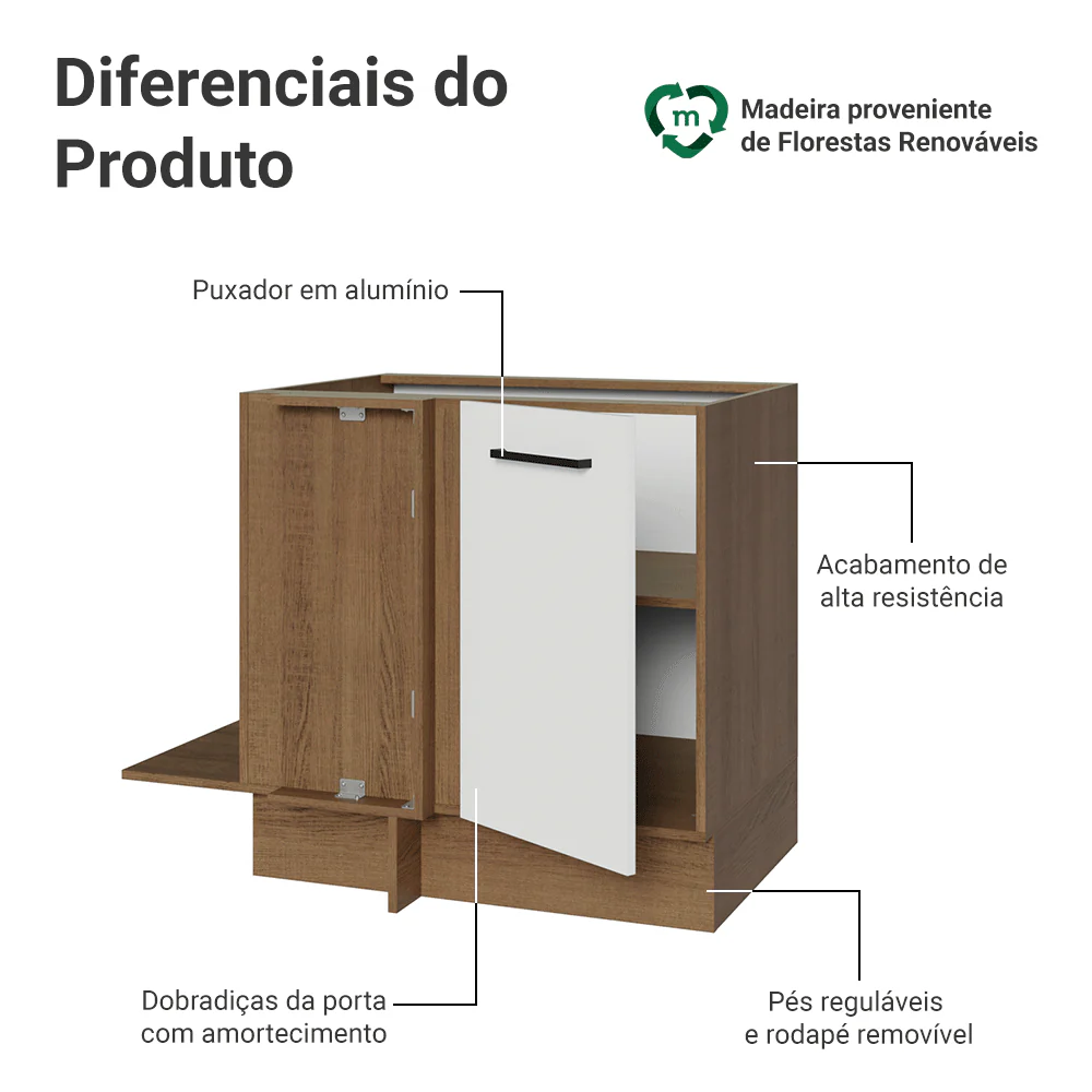 Balcão de Canto Madesa Agata 1 Porta 60 cm Profundidade (Sem Tampo) Rustic/Branco - Image 3