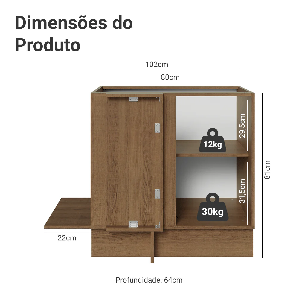 Balcão de Canto Madesa Agata 1 Porta 60 cm Profundidade (Sem Tampo) Rustic/Cinza - Image 2