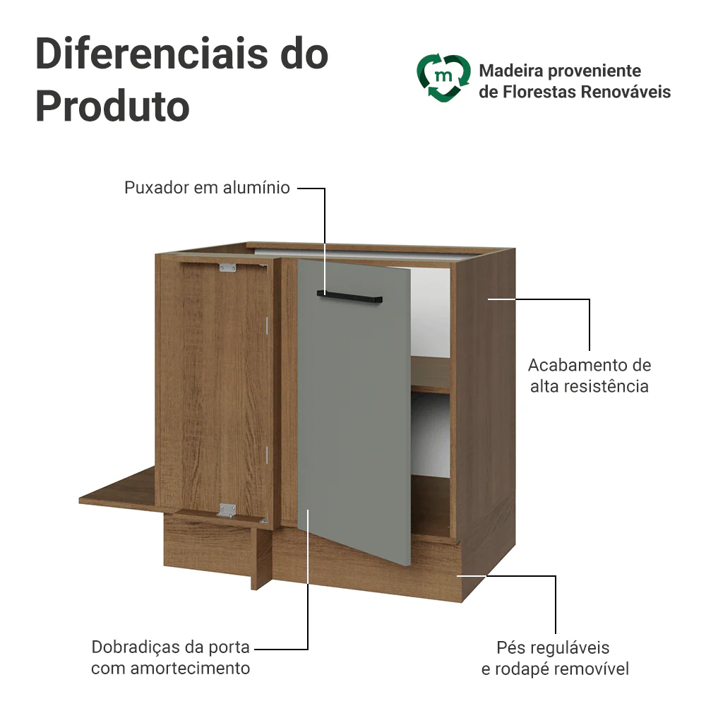 Balcão de Canto Madesa Agata 1 Porta 60 cm Profundidade (Sem Tampo) Rustic/Cinza - Image 3