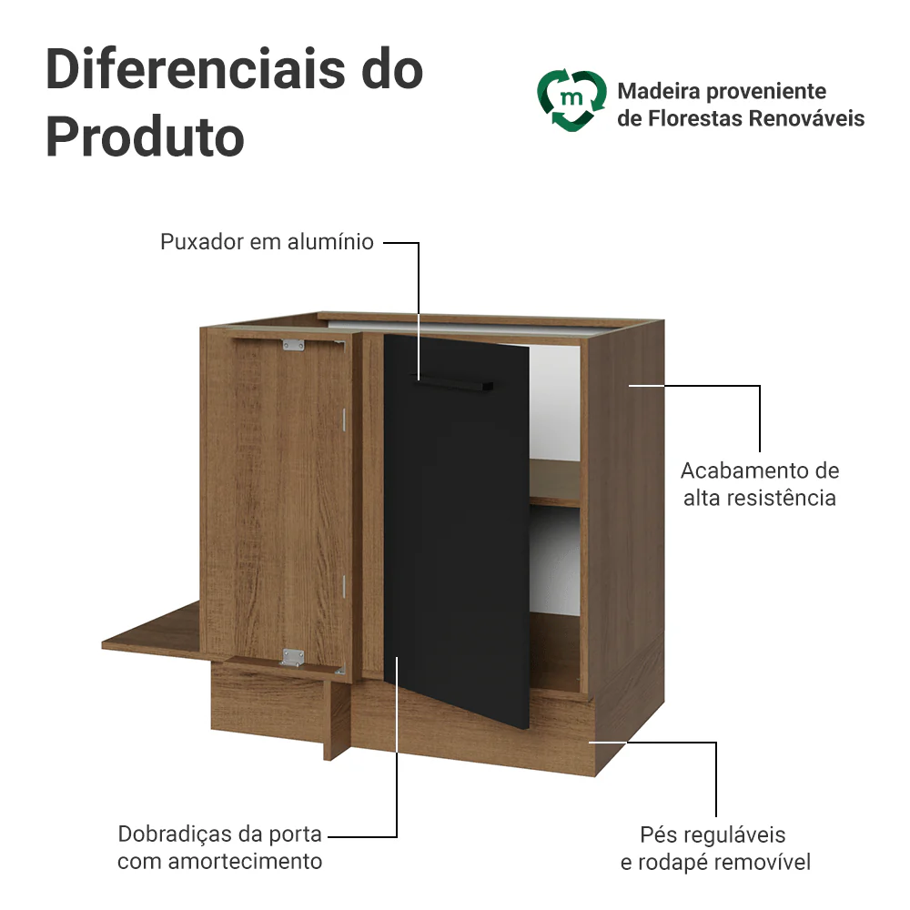 Balcão de Canto Madesa Agata 1 Porta 60 cm Profundidade (Sem Tampo) Rustic/Preto - Image 3