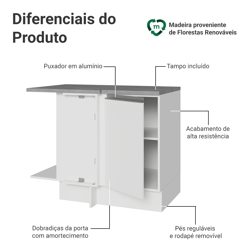Balcão de Canto Madesa Glamy 1 Porta 60 cm Profundidade (Com Tampo) Branco - Image 3