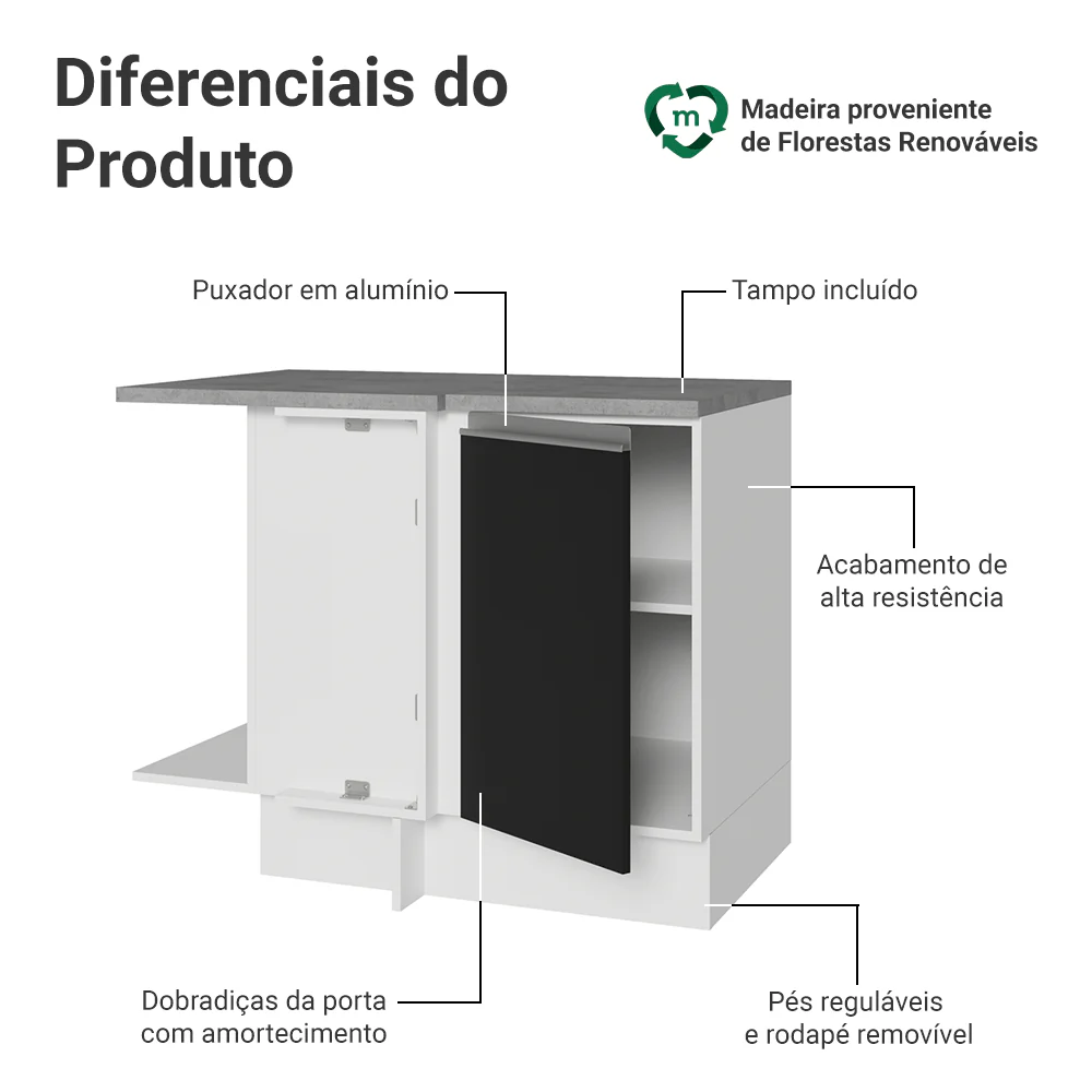Balcão de Canto Madesa Glamy 1 Porta 60 cm Profundidade (Com Tampo) Branco/Preto - Image 3