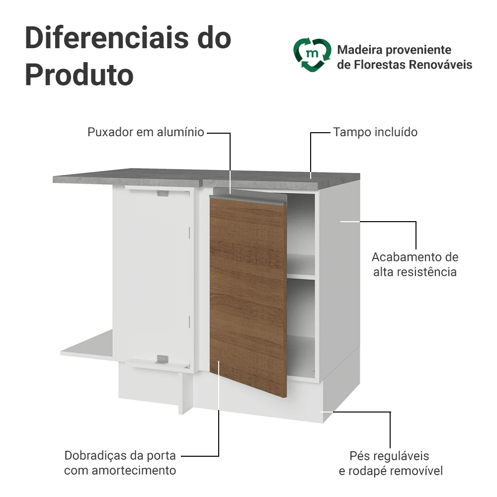 Balcão de Canto Madesa Glamy 1 Porta 60 cm Profundidade (Com Tampo) Branco/Rustic - Image 3