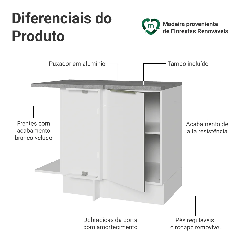 Balcão de Canto para Linha de 60 cm de Profundidade 1 Porta (Com Tampo) Branco/Branco Veludo Lux Madesa - Image 3