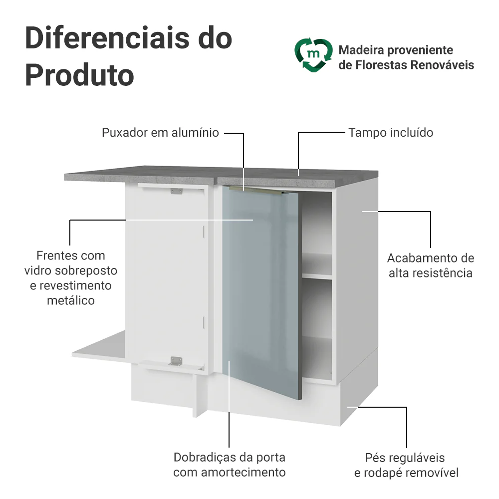 Balcão de Canto para Linha de 60 cm de Profundidade 1 Porta (Com Tampo) Branco/Cinza Lux Madesa - Image 3