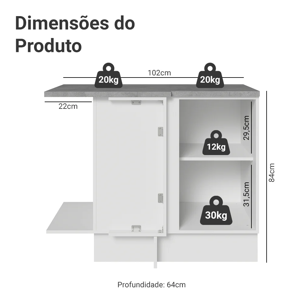 Balcão de Canto para Linha de 60 cm de Profundidade 1 Porta (Com Tampo) Branco/Preto Lux Madesa - Image 2