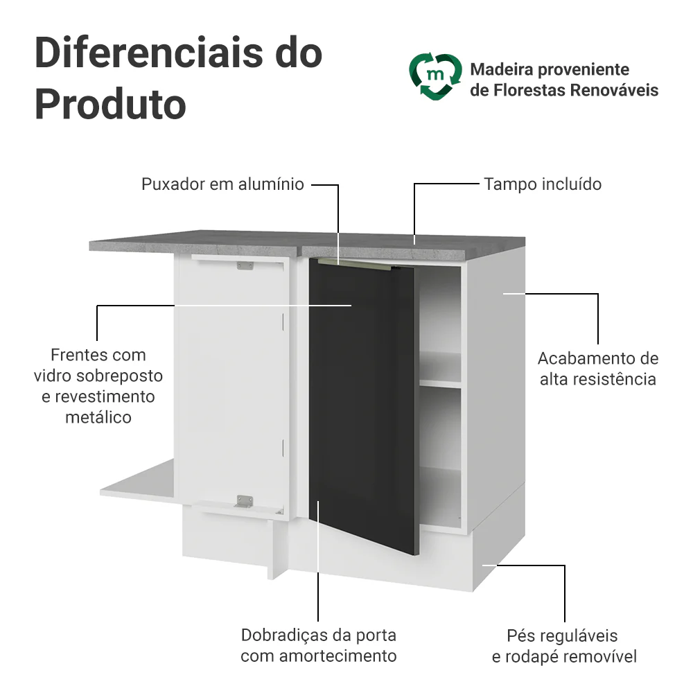 Balcão de Canto para Linha de 60 cm de Profundidade 1 Porta (Com Tampo) Branco/Preto Lux Madesa - Image 3