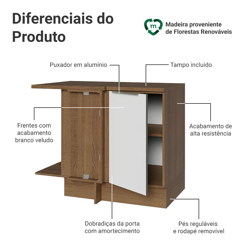 Balcão de Canto para Linha de 60 cm de Profundidade 1 Porta (Com Tampo) Rustic/Branco Veludo Lux Madesa - Image 3