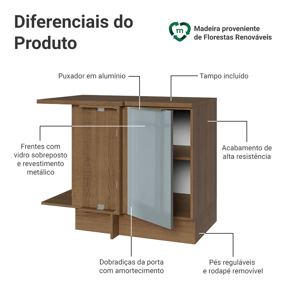 Balcão de Canto para Linha de 60 cm de Profundidade 1 Porta (Com Tampo) Rustic/Cinza Lux Madesa - Image 3