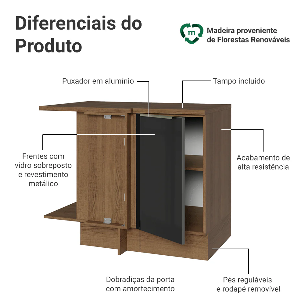 Balcão de Canto para Linha de 60 cm de Profundidade 1 Porta (Com Tampo) Rustic/Preto Lux Madesa - Image 3