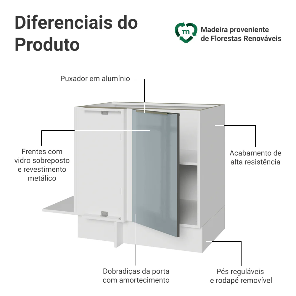 Balcão de Canto para Linha de 60 cm de Profundidade 1 Porta (Sem Tampo) Branco/Cinza Lux Madesa - Image 3