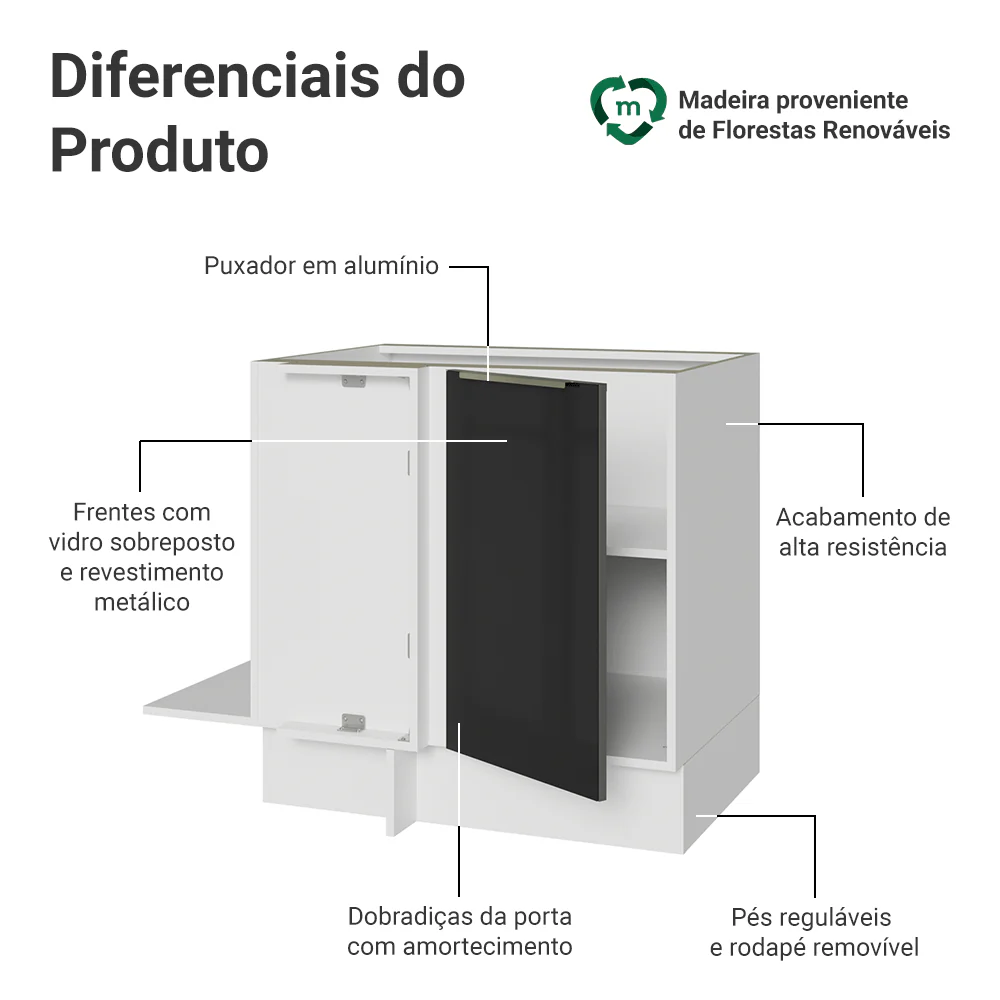 Balcão de Canto para Linha de 60 cm de Profundidade 1 Porta (Sem Tampo) Branco/Preto Lux Madesa - Image 3