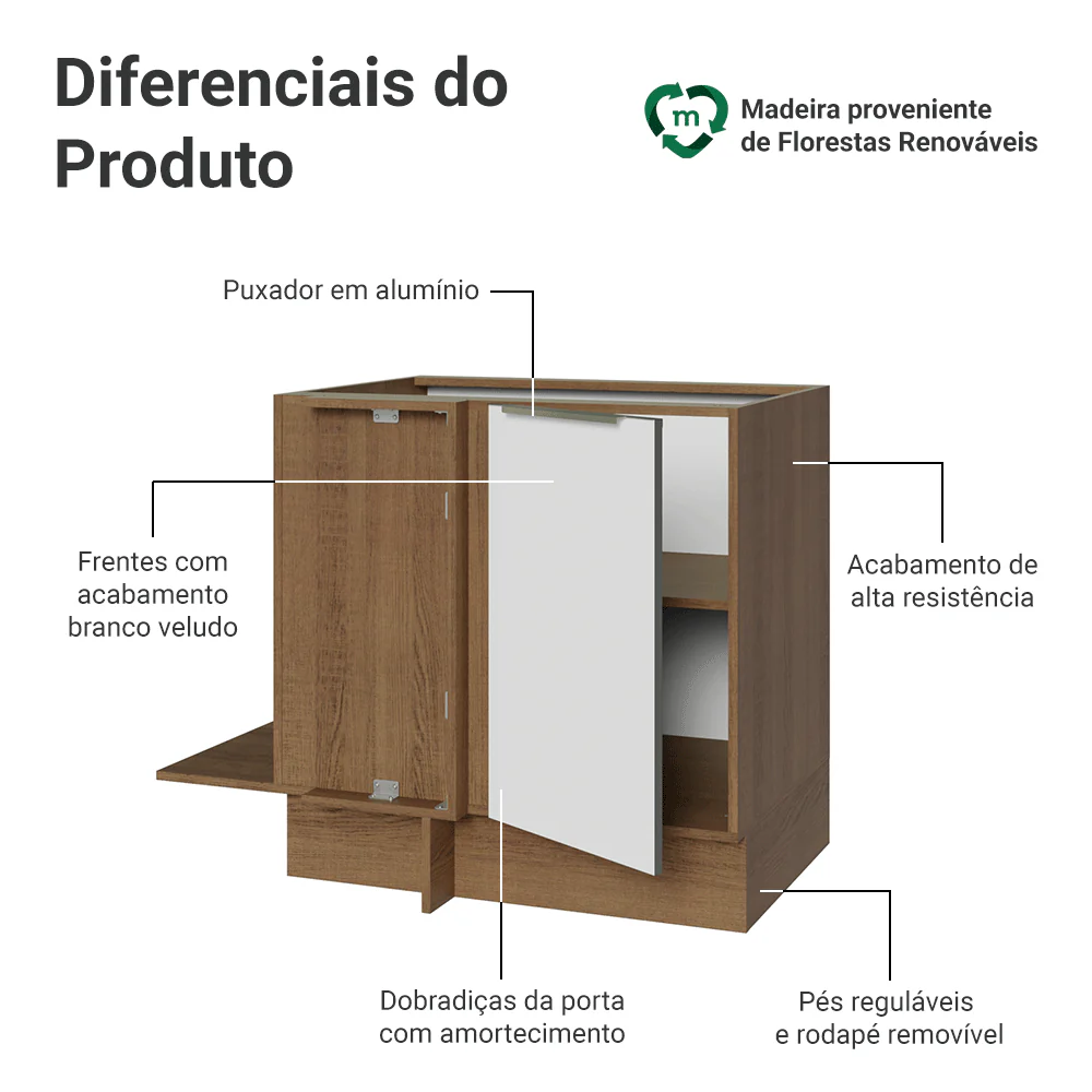 Balcão de Canto para Linha de 60 cm de Profundidade 1 Porta (Sem Tampo) Rustic/Branco Veludo Lux Madesa - Image 3