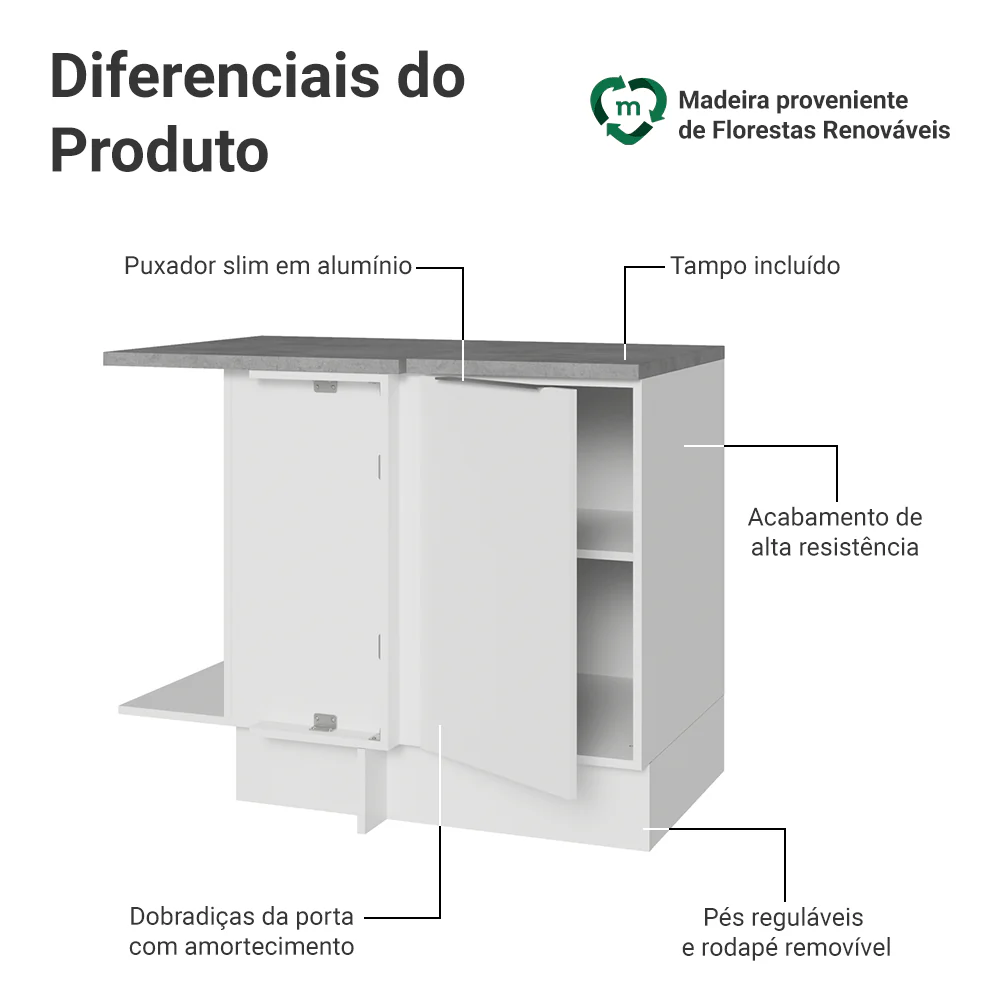 Balcão de Canto Madesa Stella 1 Porta 60 cm Profundidade (Com Tampo) Branco - Image 3