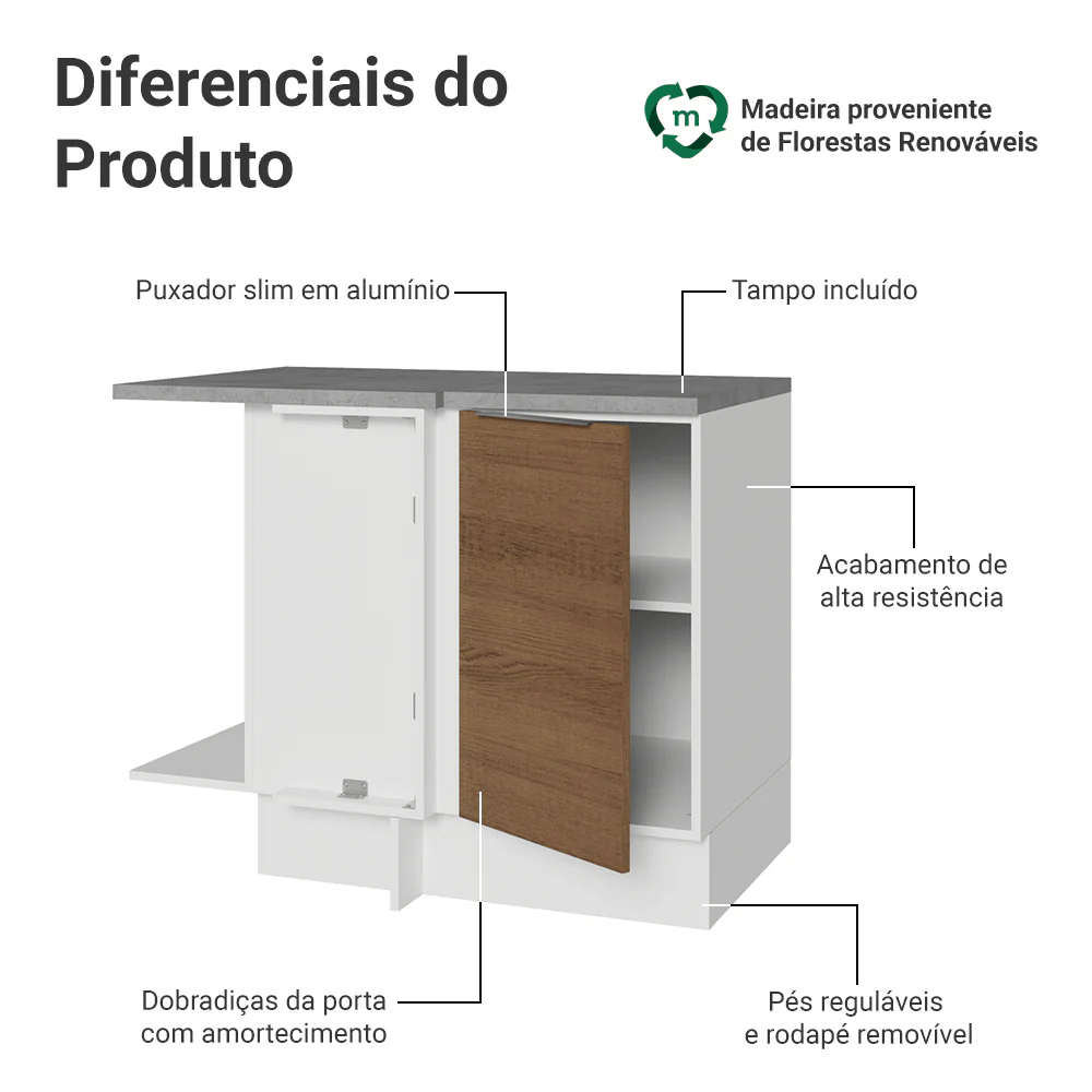 Balcão de Canto Madesa Stella 1 Porta 60 cm Profundidade (Com Tampo) Branco/Rustic - Image 3